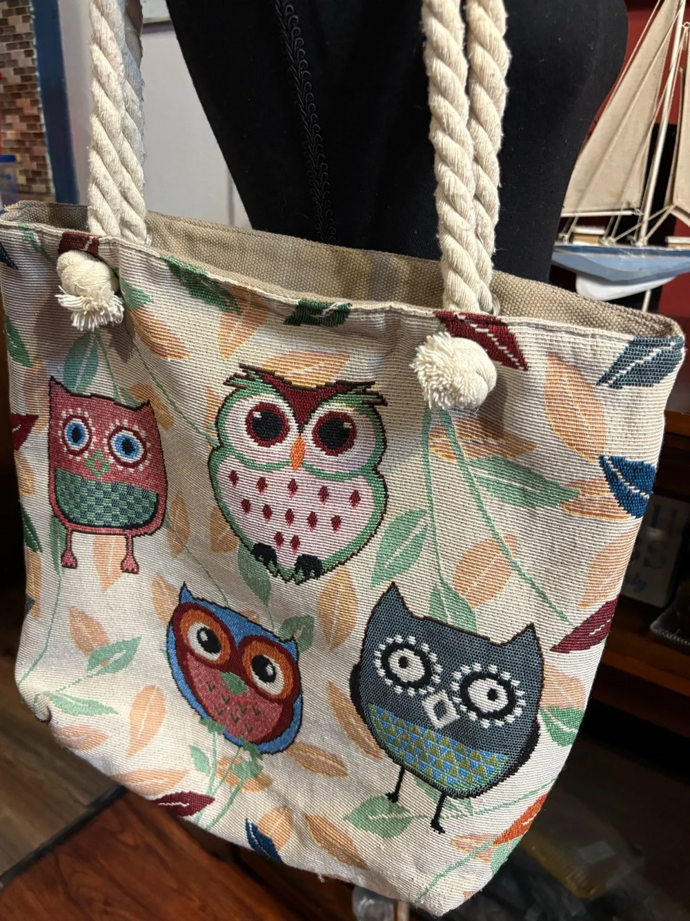 Canvas Owl Tote Bag in Multi-Color